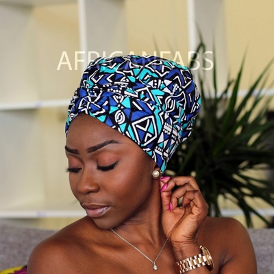 African Fabs Easy headwrap with satin lined hair bonnet – Turban so saténovou čelenkou modrá