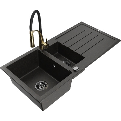 Mexen Andres гранитна мивка 1, 5-контейнерна с отцедник и кухненски смесител Aster, черен/златен металик - 6515-75-73450-57-B (6515-75-73450-57-B)