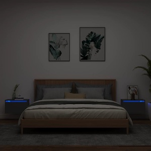 vidaXL Нощни шкафчета за стена с LED осветление, 2 бр, черни (836829)