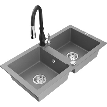 Mexen Mario двоен кухненски мивка от гранит със смесител Savita, сив - 6504-71-672601-70 (6504-71-672601-70)