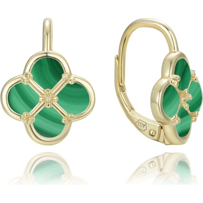 Minet Pozlacené stříbrné náušnice čtyřlístky s malachitem JMAS7058GE00