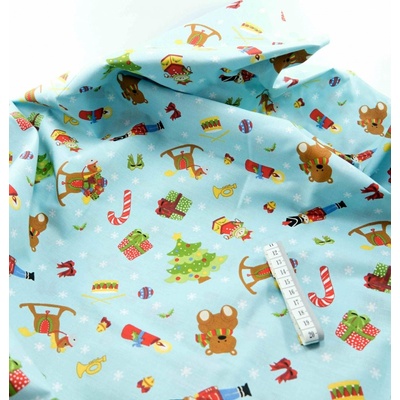 Bavlněné plátno - dětské vánoční motivy na světle modrém podkladu