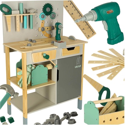 KIK - LULILO Fikso dřevěná dílna malá sada pro kutily s nářadím pila šroubovák zvuky 86cm