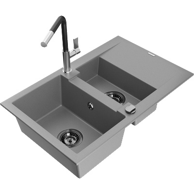 Mexen Gaspar гранитна мивка с 1, 5 камери с отцеждач и кухненски смесител Flora, сив - 6507-71-670401-07-B (6507-71-670401-07-B)