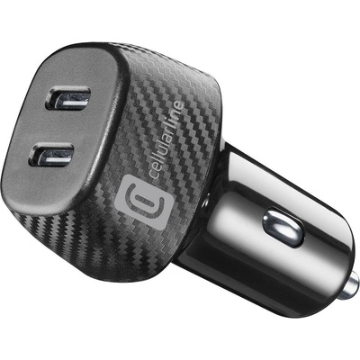 Cellularline Зарядно за кола Car Multipower DUO, черно, с два USB-C порта и максимална мощност 40W, автоматичен адаптер 12V/24V, напълно безопасно зареждане 11909