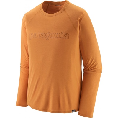 Patagonia Men's Long-Sleeved Capilene Cool Trail Graphic shirt Outline Text Logo Golden Caramel