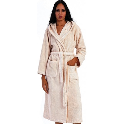 Dámský dlouhý froté župan s kapucí do porodníce na kojení 1ZF3069 béžová
