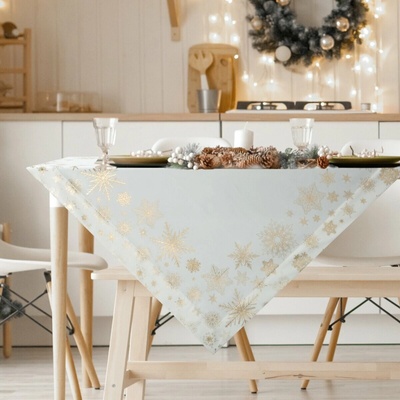 Eurofirany Vianočný obrus JOY s motívom snehových vločiek biely so zlatými vločkami biela Polyester 85x85 cm