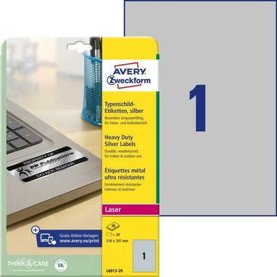 Etikety polyesterové 210x297mm Avery A4 strieborné 20 hárkov