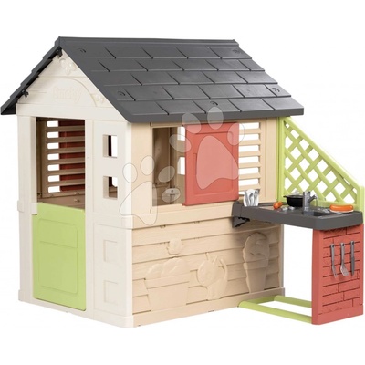 Smoby Domček s kuchynkou a 17 doplnkov Nature Playhouse&Kitchen Life rozšíriteľný 3 okná s 2 žalúziami a posuvnými okenicami