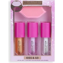 Makeup Revolution London Kiss & Go Lip Oil Set, Lip Oil 4,5 ml, Lip Oil Honey 4,5 ml + Lip Oil Peach Pink 4,5 ml + Lip Oil Watermelon 4,5 ml + peelingový olej 1 x