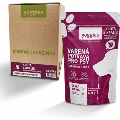 Yoggies Vařená potrava pro psy krůtí a králičí maso s dýňovými semínky 6 x 650 g
