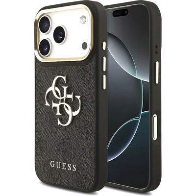 GUESS Дизайнерски кожен кейс за iPhone 17 Pro - Guess PU Leather 4G Metal Logo Gold Frame Case (черен) (GUHCP17L4GMGCGR)