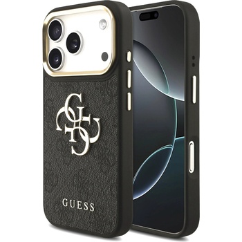 GUESS Дизайнерски кожен кейс за iPhone 17 Pro - Guess PU Leather 4G Metal Logo Gold Frame Case (черен) (GUHCP17L4GMGCGR)