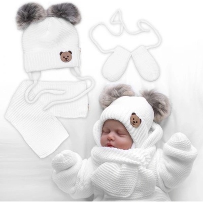 Baby Nellys Detská sada zimná čiapka so šálom rukavičky 3D Teddy Bear biela