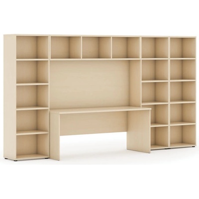 Sestavy knihoven Integro se stolem, nižší/širší, 3350x700/400x1923 mm, bříza