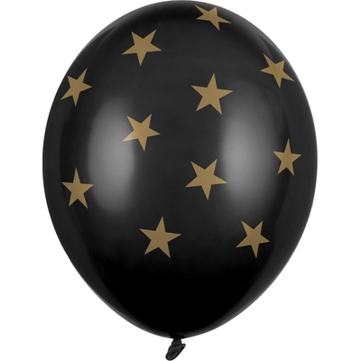 PartyDeco Latexový balón čierny Zlaté hviezdy 30 cm
