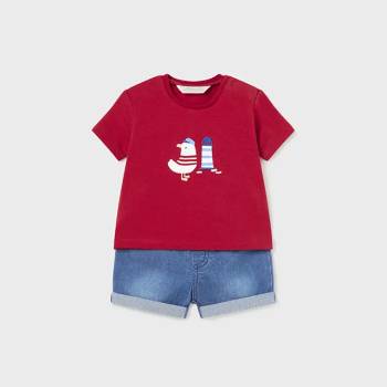 Image 1 of Mayoral Комплект с къс панталон деним и тениска в червено за новородено момче Mayoral
