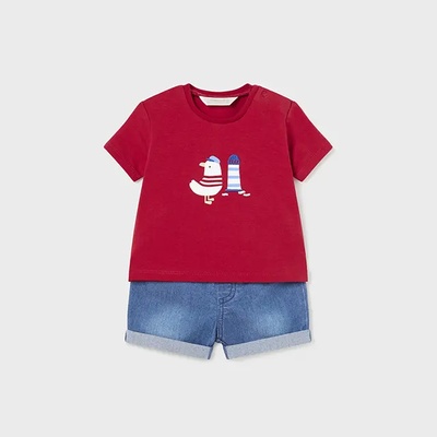 Mayoral Комплект с къс панталон деним и тениска в червено за новородено момче Mayoral