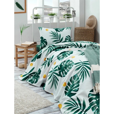 L'essentiel Bavlnený pique prehoz Monstera 160x235 cm zelený/biely