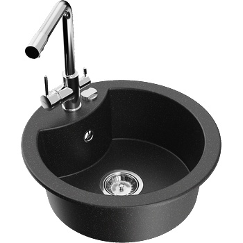 Mexen Diego еднокоморна кухненска мивка от гранит с кухненски смесител Duero, черен/сребърен металик - 6512-73-671600-00 (6512-73-671600-00)