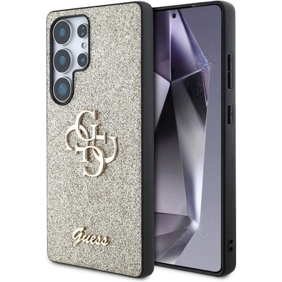 GUESS PU Fixed Glitter 4G Metal Logo Case - силиконов (TPU) калъф за Samsung Galaxy S25 Ultra (златист)