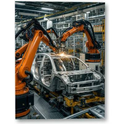 Plakát – Robotická ramena při výrobě automobilové karoserie 105 × 140 cm Bez rámu Ne Bez rámu – Hledejceny.cz