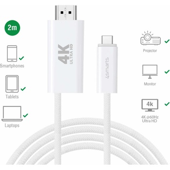 4smarts Кабел с поддръжка на 4K за свързване и PD зареждане от USB-C към HDMI (200 см) - 4smarts 4K 60Hz USB-C to HDMI PD Cable (бял) (540957)