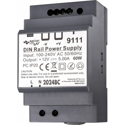 Napájecí zdroj na DIN lištu, 12V 60W 5A, IP20, pro rozvaděče (stabilizované napětí)