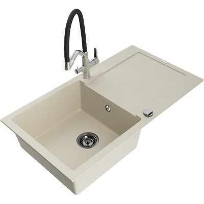 Mexen Leo гранитна мивка с 1 камера с отцедник и кухненски смесител Duo, бежова - 6501-69-671701-07-B (6501-69-671701-07-B)