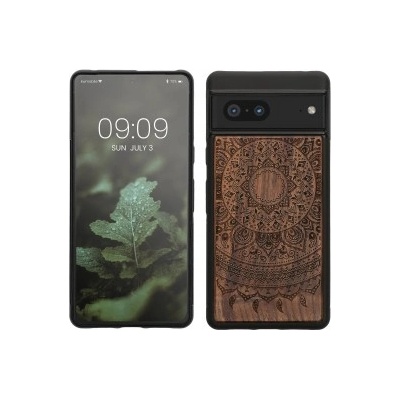 Púzdro kwmobile Drevené s dizajnom indické slnko Google Pixel 7 tmavě hnědé