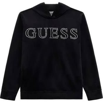 GUESS Черен плюшен суичър с качулка без цип за момиче с кристален надпис Guess