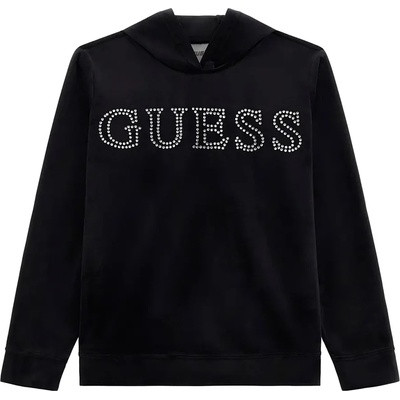 GUESS Черен плюшен суичър с качулка без цип за момиче с кристален надпис Guess