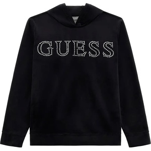 GUESS Черен плюшен суичър с качулка без цип за момиче с кристален надпис Guess