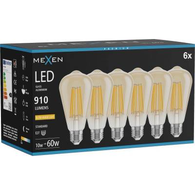 Mexen Vintis 6x LED лампа с нажежаема жичка E27, ST64, 10W, Топла - 2200K, 910 lm, кехлибар (L152-E27-1022-50x06)