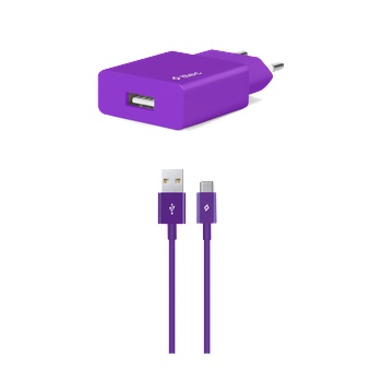 Ttec Зарядно 220V SmartCharger USB Travel Charger, 2.1A, incl. Type C Cable - Лилаво