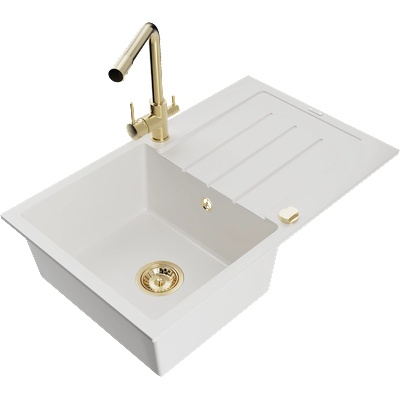 Mexen Bruno гранитна мивка с 1 отделение с отцедник и кухненски смесител Duero, бял - 6513-20-671600-50 (6513-20-671600-50)