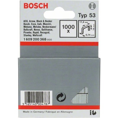 Fine wire staple, type 53 11,4 x 0,74 x 14 mm 1000 ks Bosch Accessories 1609200368 Rozmery (d x š) 14 mm x 11.4 mm; 1609200368