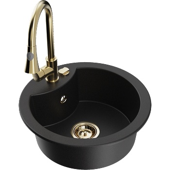 Mexen Diego гранитна мивка 1-камерна с кухненски смесител Elia, черна (6512-77-670101-50)