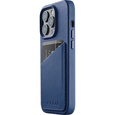 Mujjo Full Leather MagSafe Wallet Case - премиум кожен (естествена кожа) кейс с MagSafe за iPhone 14 Pro (син)