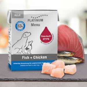 PLATINUM Мокра храна за кучета Platinum Menu Adult Fish + Chicken с 57% Прясно Пилешко месо, 26% Риба и зеленчуци, 185 gr