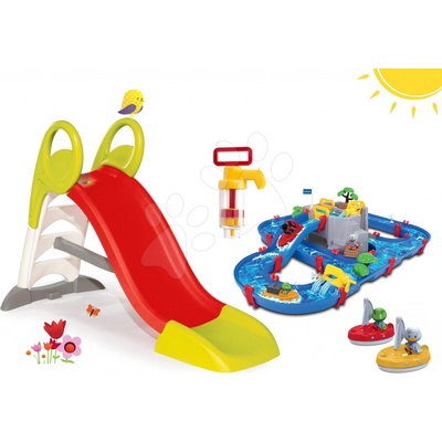 Smoby set šmykľavka Toboggan KS dĺžka 150 cm a vodná dráha AquaPlay Mountain Lake s jaskyňou a loďky s pumpou 310262-19