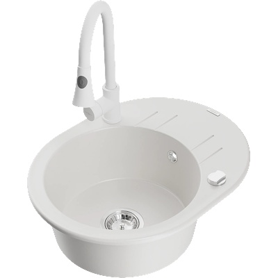 Mexen Kevin гранитна мивка с 1 камера и отцедник и кухненски смесител Elia, бял - 6517-20-670101-20 (6517-20-670101-20)