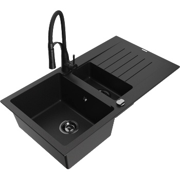 Mexen Matias гранитна мивка с 1, 5 камери с отцедник и кухненски смесител Aster, черен - 6502-77-73450-70-B (6502-77-73450-70-B)