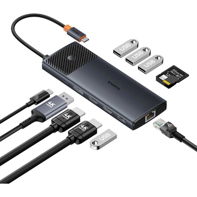 Baseus Metal Gleam Series II USB хъб 11in1, USB-A/USB-C, PD/HDMI/DP/RJ45/SD/TF, черен