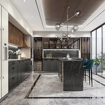 IRIM Модулна кухня с остров City 9172 корпус мока / фронт цимент мат, крийм гланц и дъб натурал 12