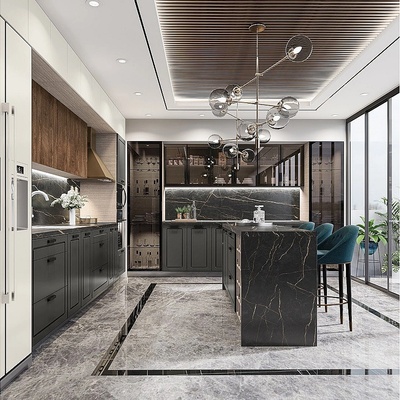 IRIM Модулна кухня с остров City 9172 корпус мока / фронт цимент мат, крийм гланц и дъб натурал 12