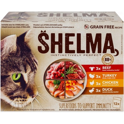 Shelma Cat kuřecí hovězí kachní krůtí 12 x 85 g – Sleviste.cz