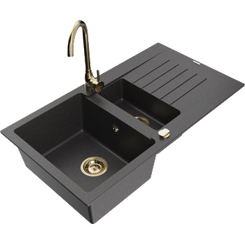 Mexen Matias гранитна мивка 1, 5-камерна с отцедник и кухненски смесител Telma, черна на точки - 6502-76-670200-50 (6502-76-670200-50)