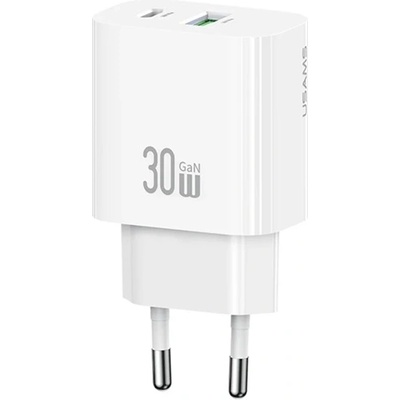 USAMS Зарядно устройство за електрическата мрежа USAMS T65 USB+Type-C гнездо 30W, бързо зарядно устройство PD, FEHÉR CC316TC02 (CC316TC02)